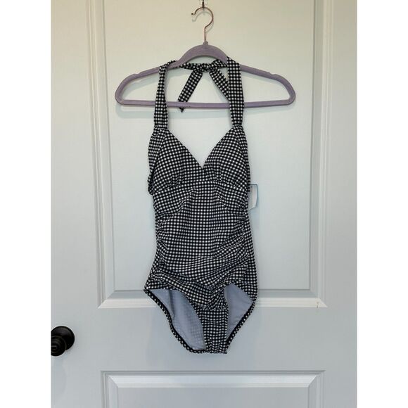 NWT Draper James Black and White Gingham Halter One Piece Swimsuit Size Small - Picture 1 of 9
